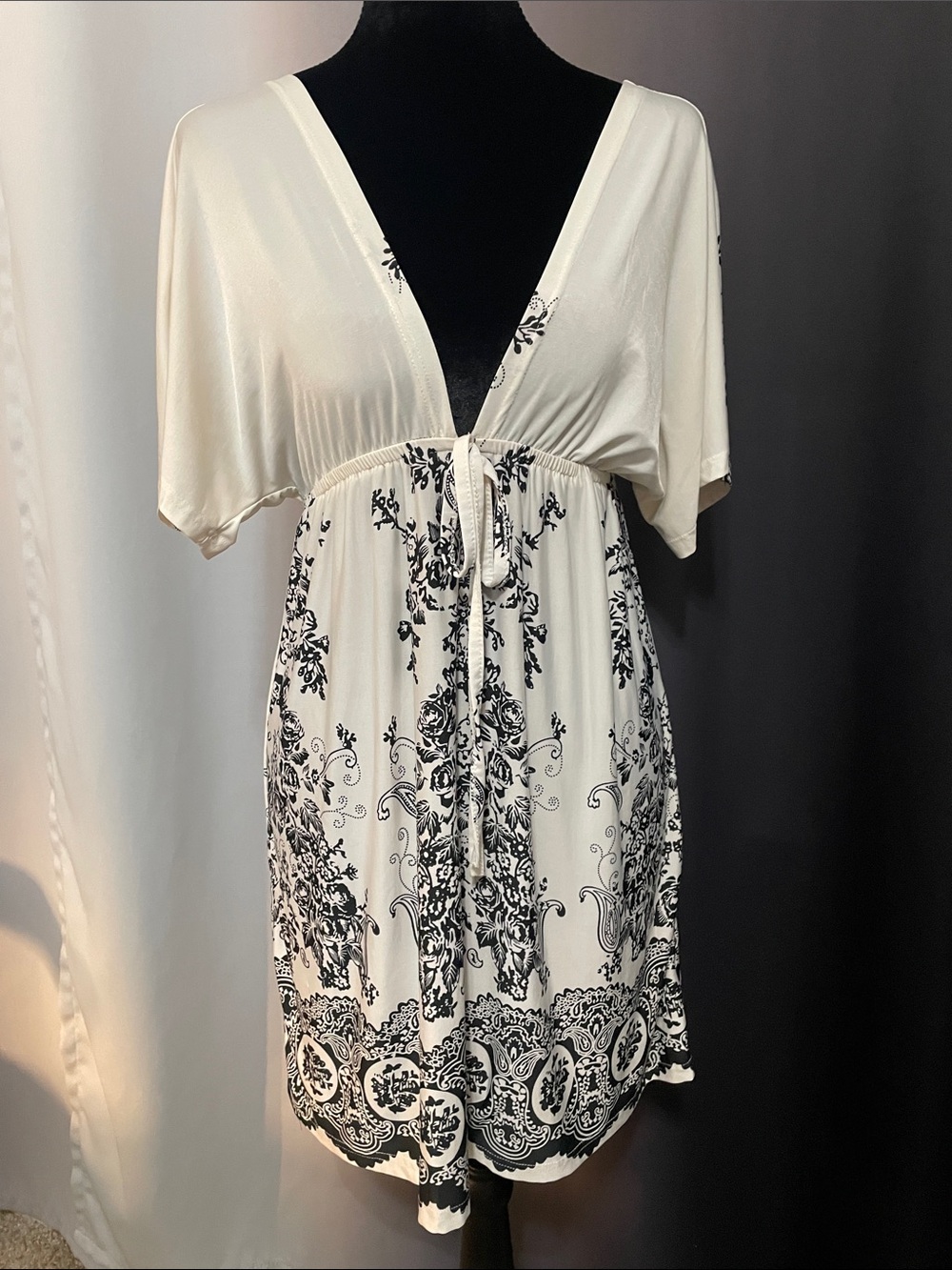 Ivory Floral Tie-Front Tunic Top with Black Print